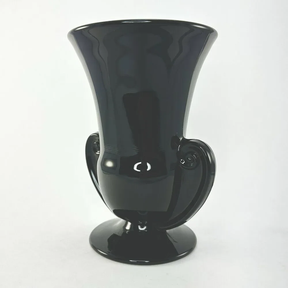 Fostoria Sakier Ebony Black Glass Urn Vase #2467 Scroll Handles 7” 1930s